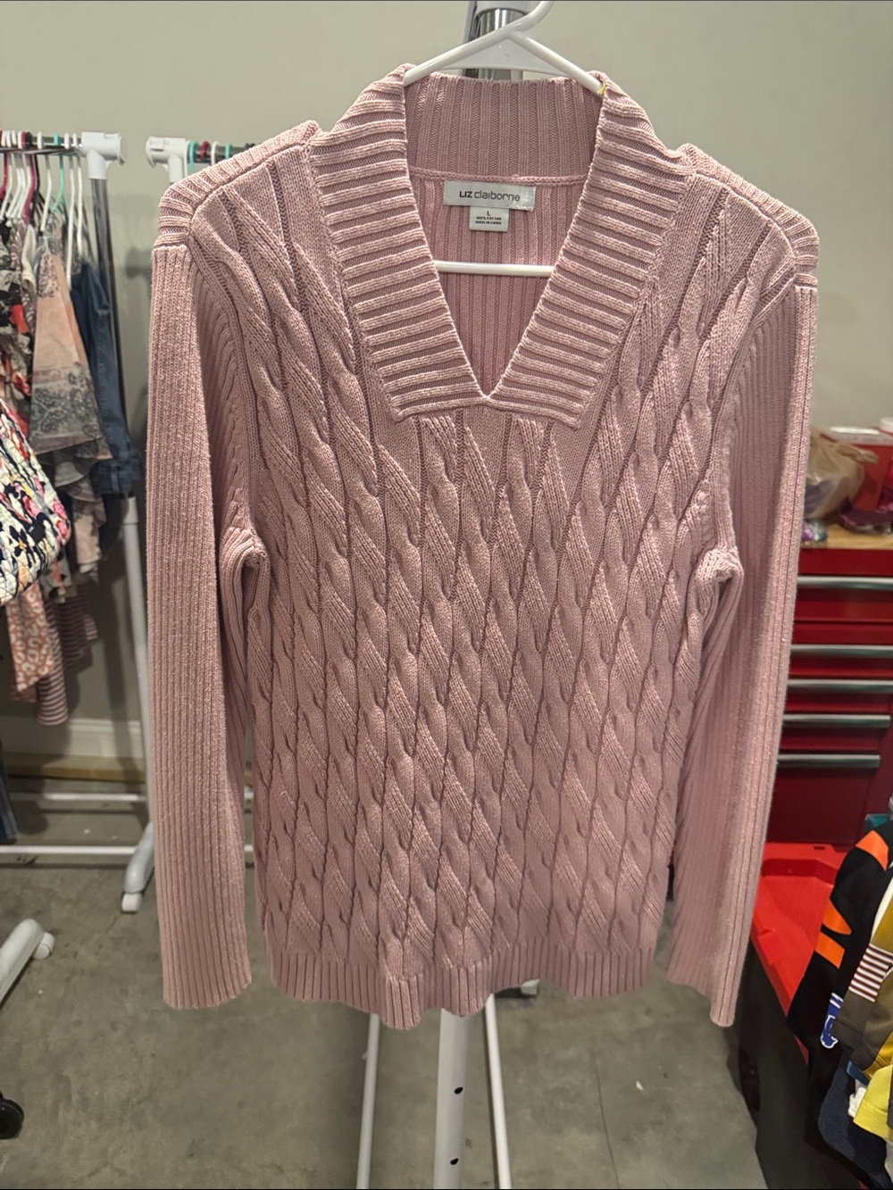 Liz Claiborne Blush Pink Cable-Knit V-Neck Sweater